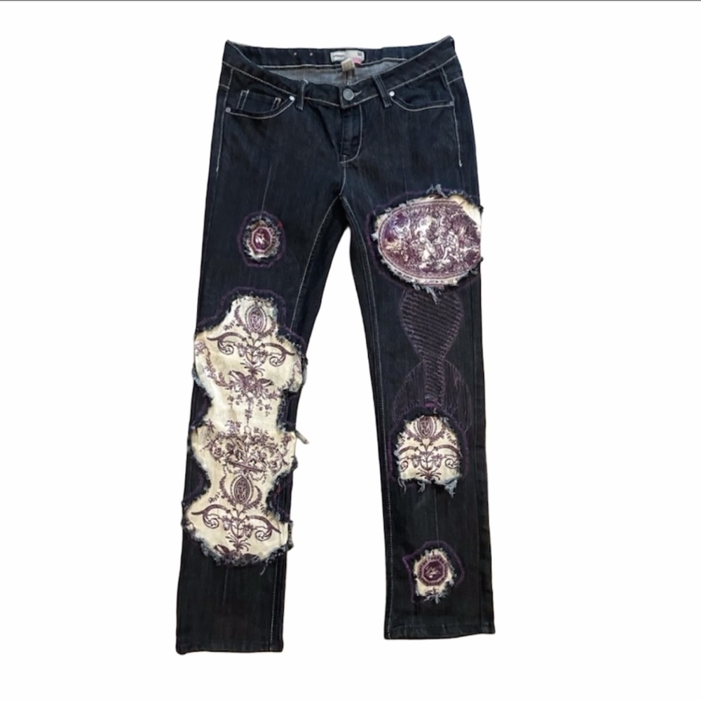 Dark jeans with added on patterns and sew art(upcycled) 33x30